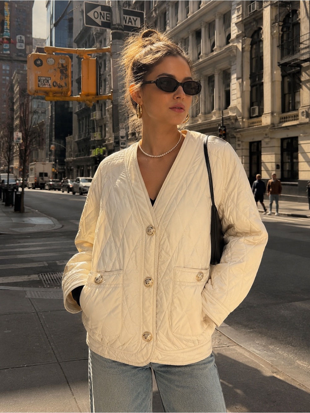 JOH Cream Quilted Quiet Luxury Old Money Quilted Button Front Bomber Jacket, S